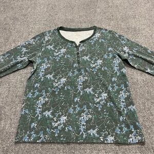 Vintage Women's Green and Blue Floral Print Long-Sleeve Thermal Henley Shirt